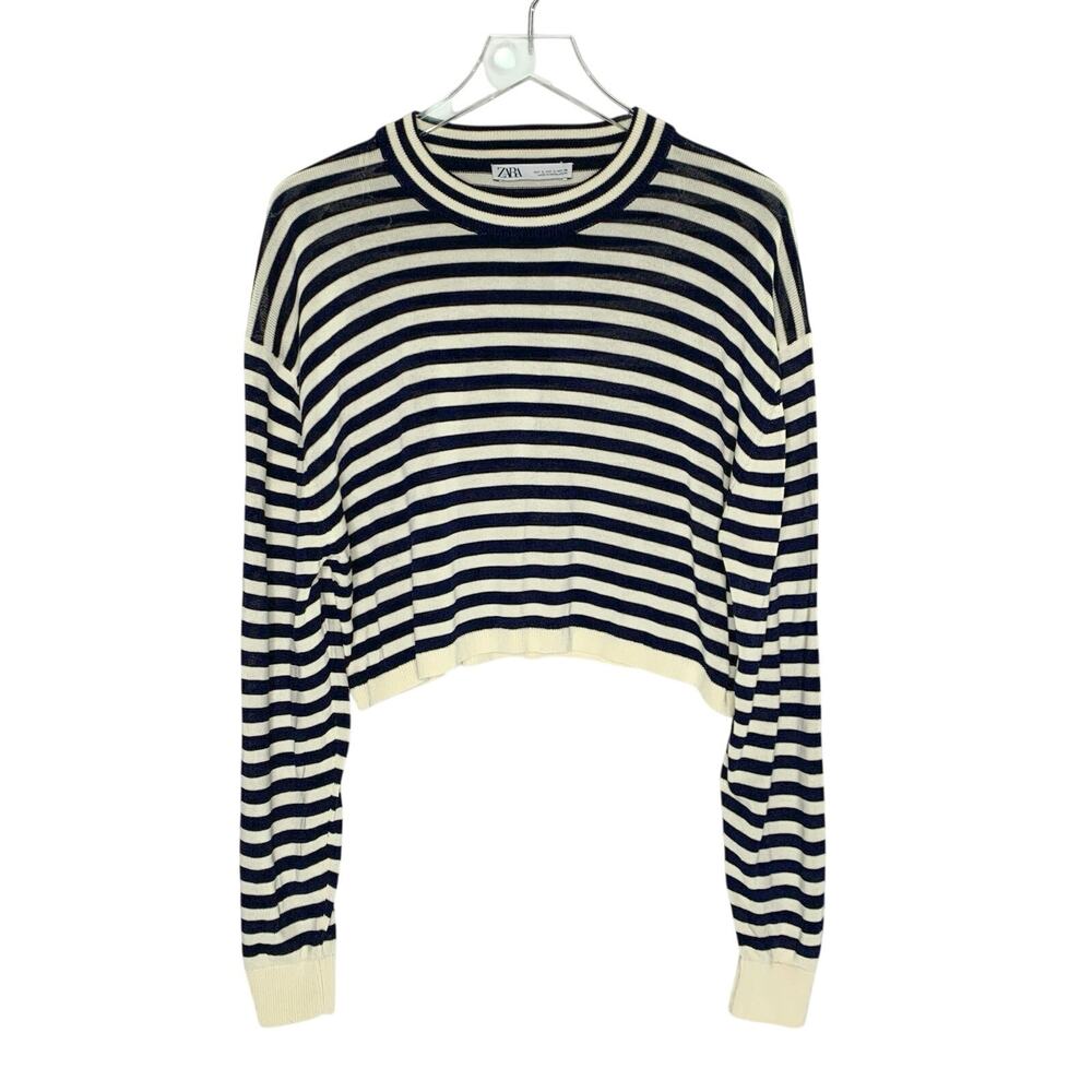 Zara Striped Cream Navy Blue Knit Cropped Sweater L Long Sleeve Ribbed